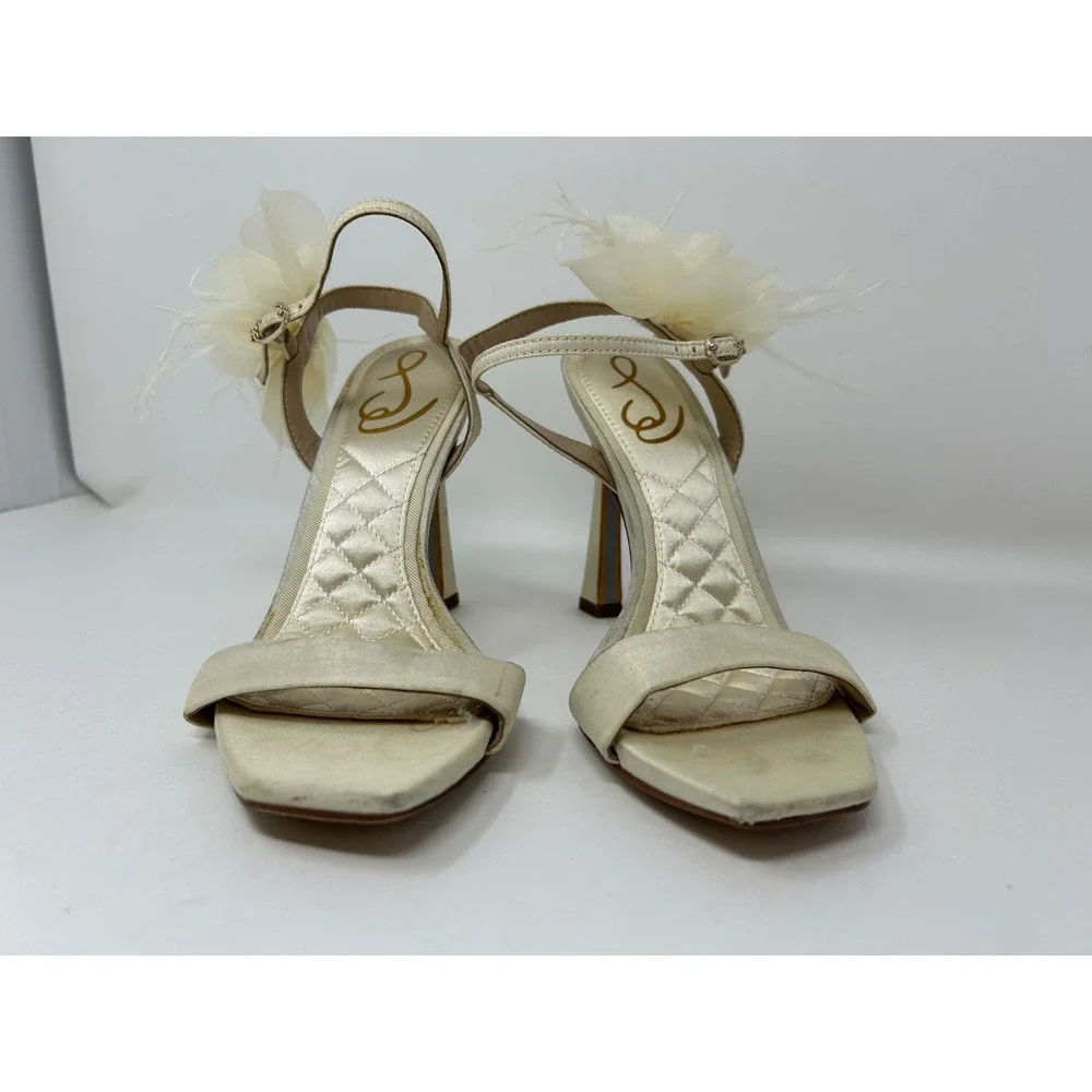 Sam Edelman Womens Ivory Satin Floral Feather Ankle Strap Heel Sandals Square 6